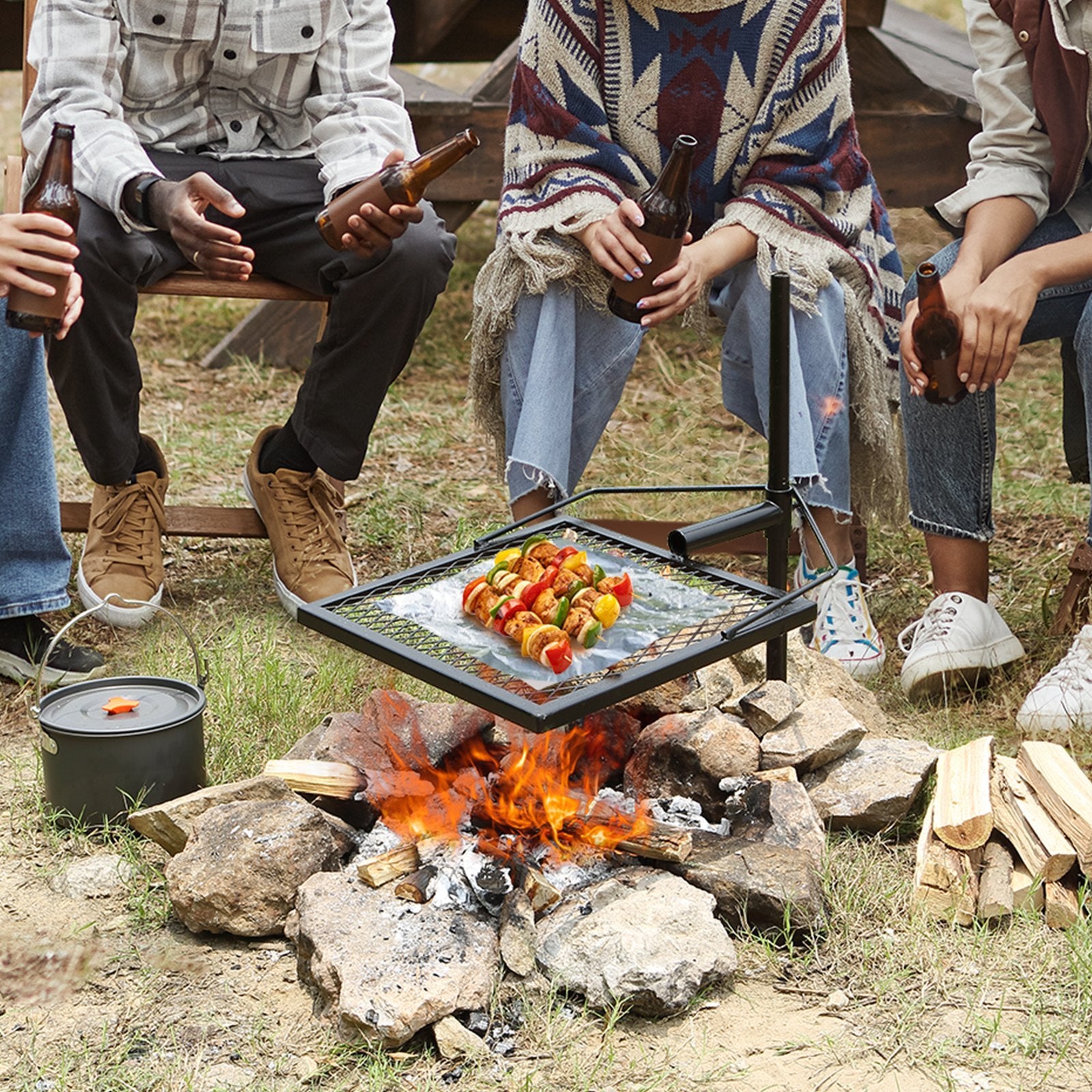 VEVOR Swivel Campfire Grill 🍖 Heavy Duty Steel Fire Pit Grate – 360° Adjustable Outdoor BBQ & Camping Cooking Rack