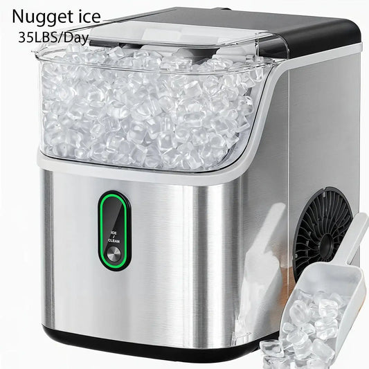 35 Pound Golden Nugget Ice Machine And 26 Pound Bullet Ice Machine, Soft Chew Ice Crusher, Portable Pebble Ice Machine Desktop, Automatic Cleaning Portable Ice Machine with Basket And Spoon, One Click Operation for Home/kitch - PulinGO