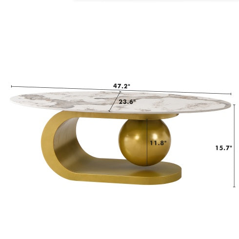 Modern Oval Sintered Stone Coffee Table - 47" Marble Pattern Top with Gold Stainless Steel Base | Luxury Living Room Furniture