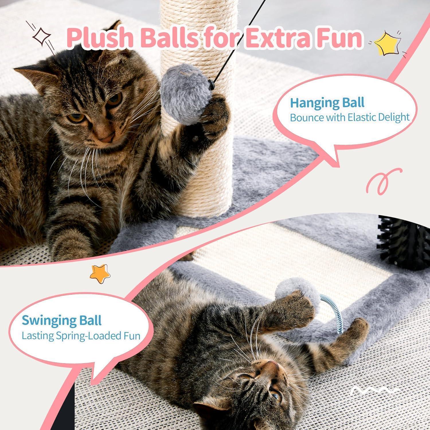 Small 4-in-1 Cat Tree Tower – Self-Grooming Brush, Sisal Scratching Post, Soft Plush Bed & Hanging Ball for Kittens