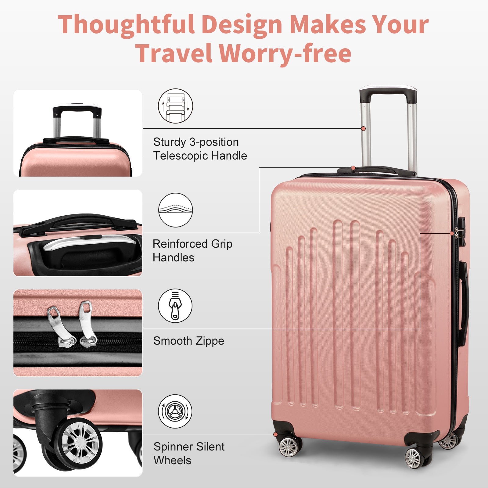 3-Piece ABS+PC Hard Shell Luggage Set – Lightweight Spinner Suitcases with TSA Lock (20/24/28 Inches, Black & Silver)