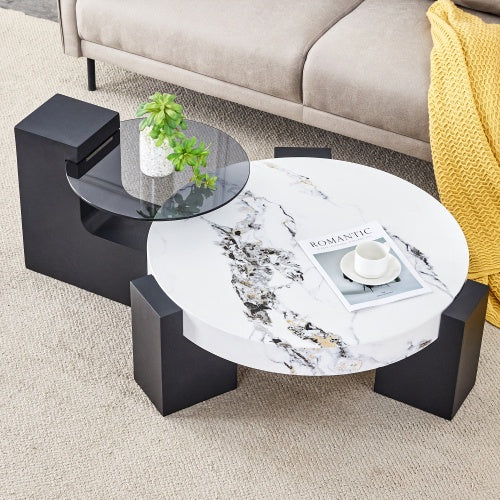 Modern Double-Layer Round Coffee Table ☕ Transparent Gray Glass Top with Black MDF Legs – Space-Saving Design