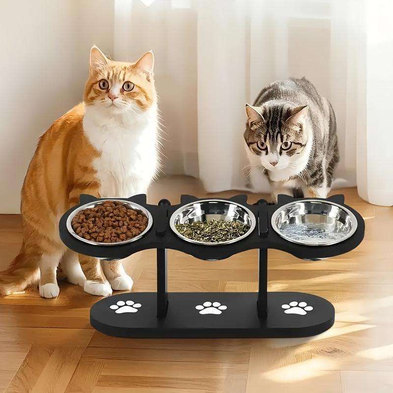 Anti-Vomiting Elevated Cat Bowls – Adjustable Stand with 3 Steel Dishes - PulinGO