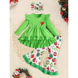Toddler Baby Girls Christmas Clothes Ruffle Long Sleeve Heart Print Top, Flared Pants & Matching Headband Outfit Set