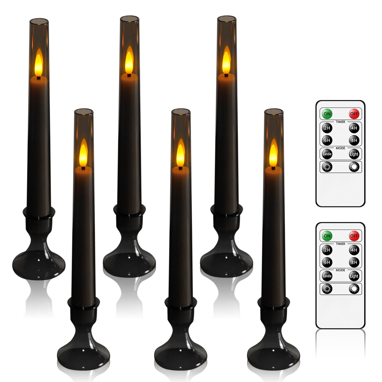 Grey Flameless Taper Candles with Remote – 6-Pack Flickering LED Candles for Weddings, Parties & Home Decor (9.45”)