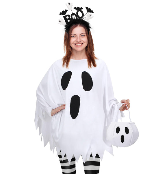 Women’s White Ghost Costume Set – 4-Piece Halloween Poncho, Headband, Tights & Candy Bag 👻🖤