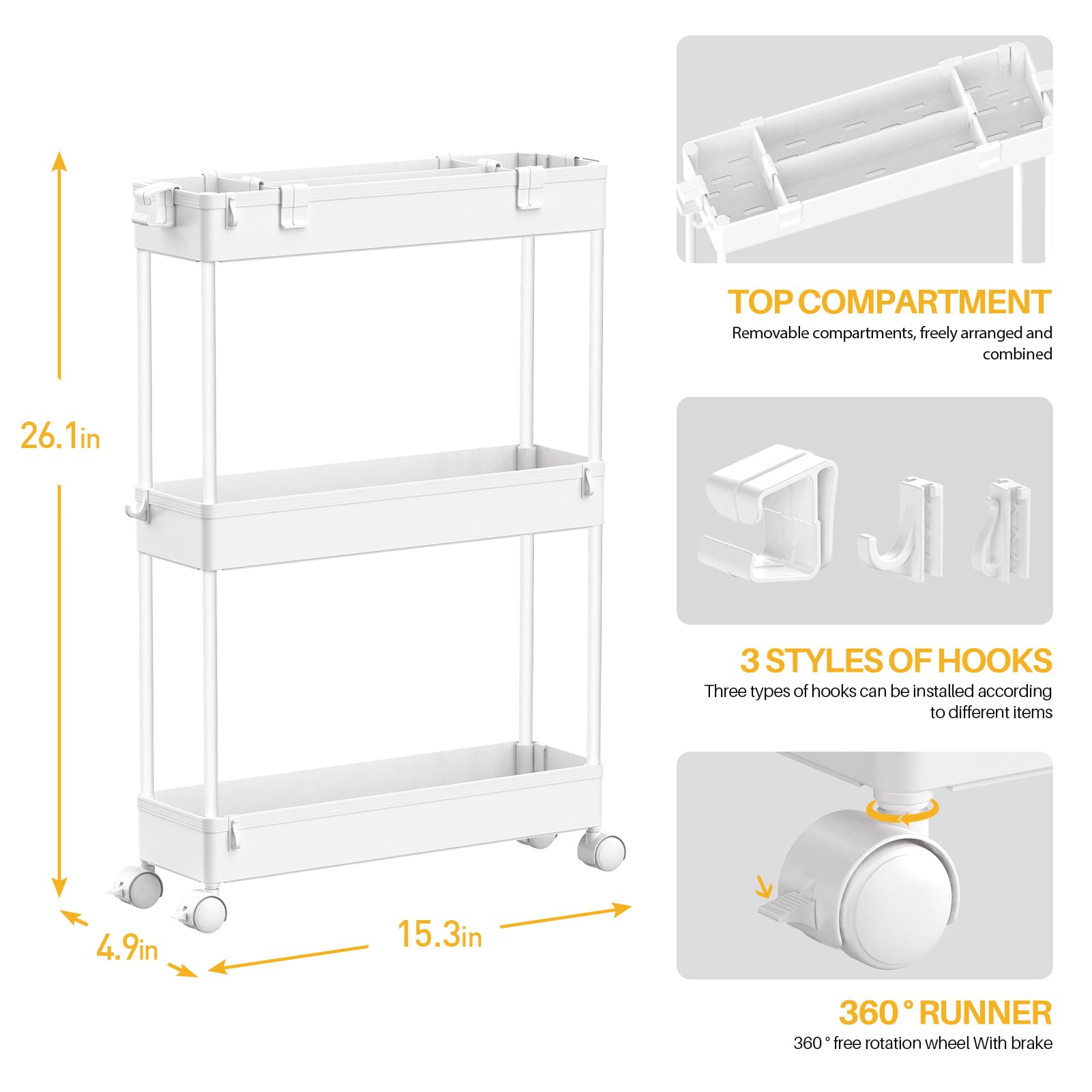 Slim Rolling Storage Cart (3-Tier) – Narrow Mobile Utility Organizer for Bathroom, Kitchen & Laundry