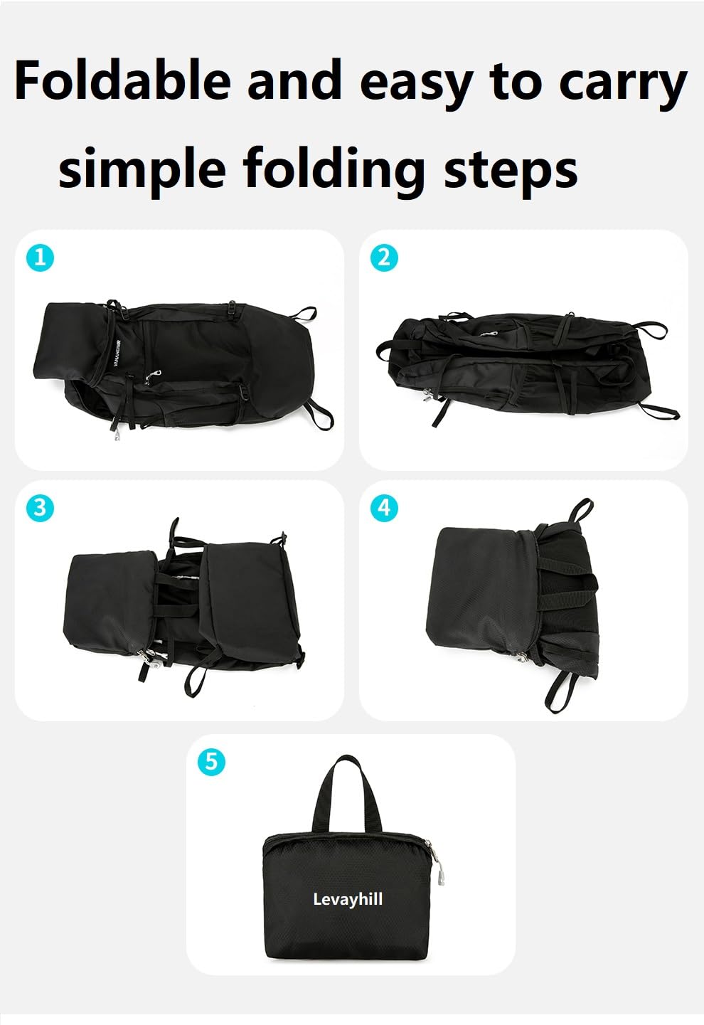 LEVAYHILL 30L Foldable Backpack & Bucket Hat 2-in-1 Lightweight Packable Travel Set – Black