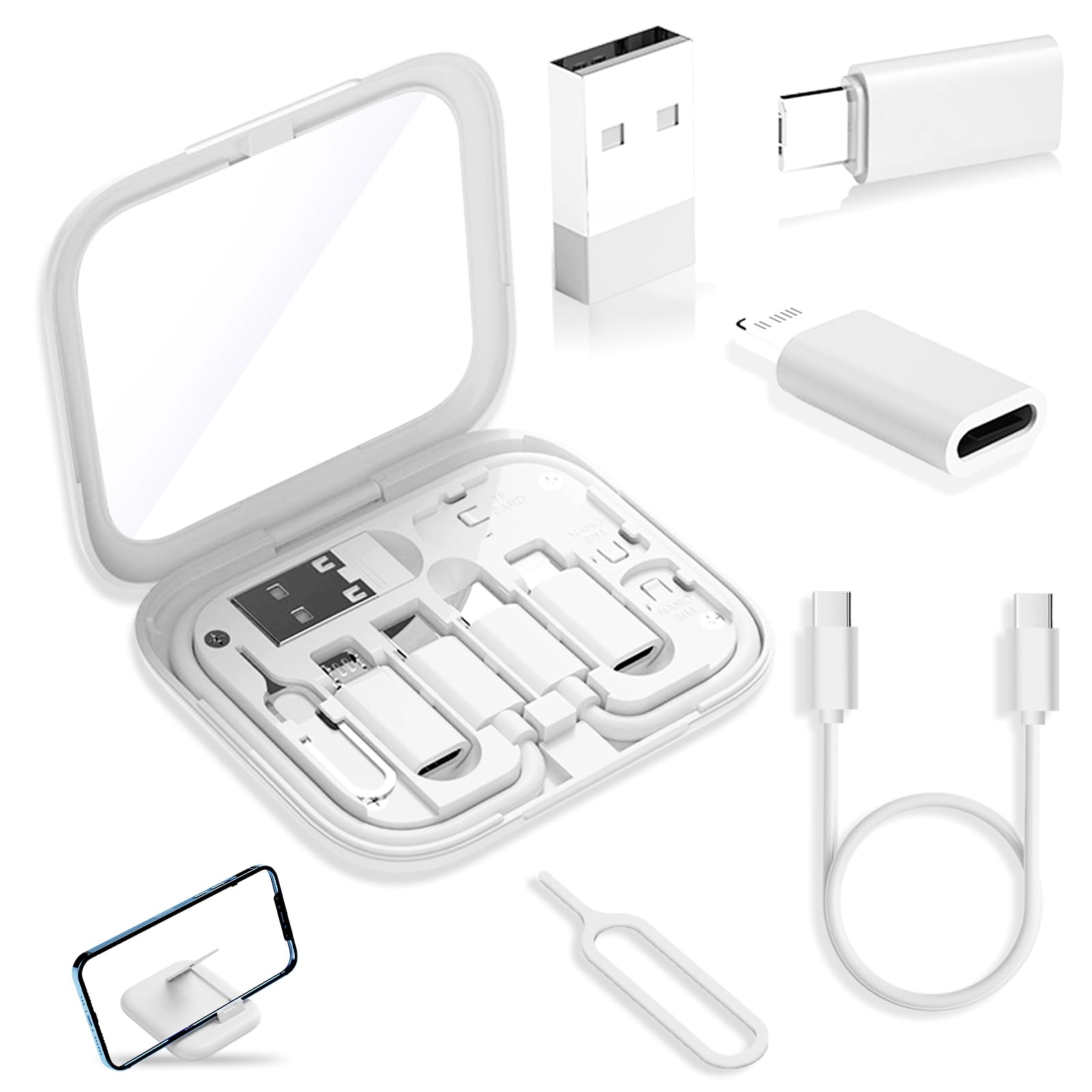 Portable USB-C Adapter Travel Kit with Mirror – Multi Cable Organizer with SIM Card Storage