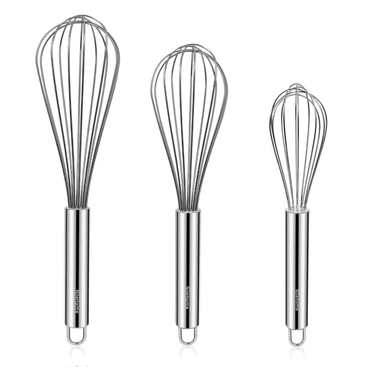 Stainless Steel Balloon Whisk Set (8”, 10”, 12”) for Baking & Cooking