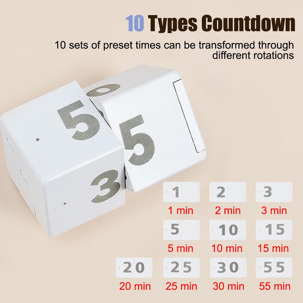 Pomodoro Timer Cube with Gravity Sensor, 10 Preset Flip Timers, Adjustable Volume & USB-C Rechargeable Design for Work, Study & Kitchen – White