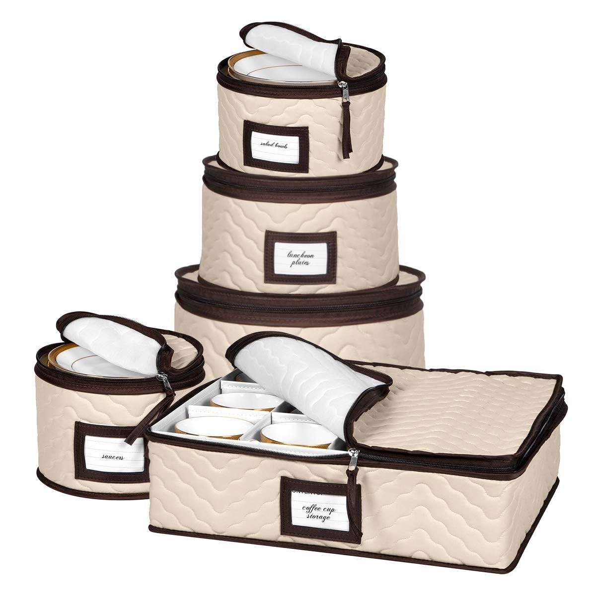 Quilted China Storage Container Set – 5-Piece Dinnerware & Glassware Protection Organizer (12 Place Settings)