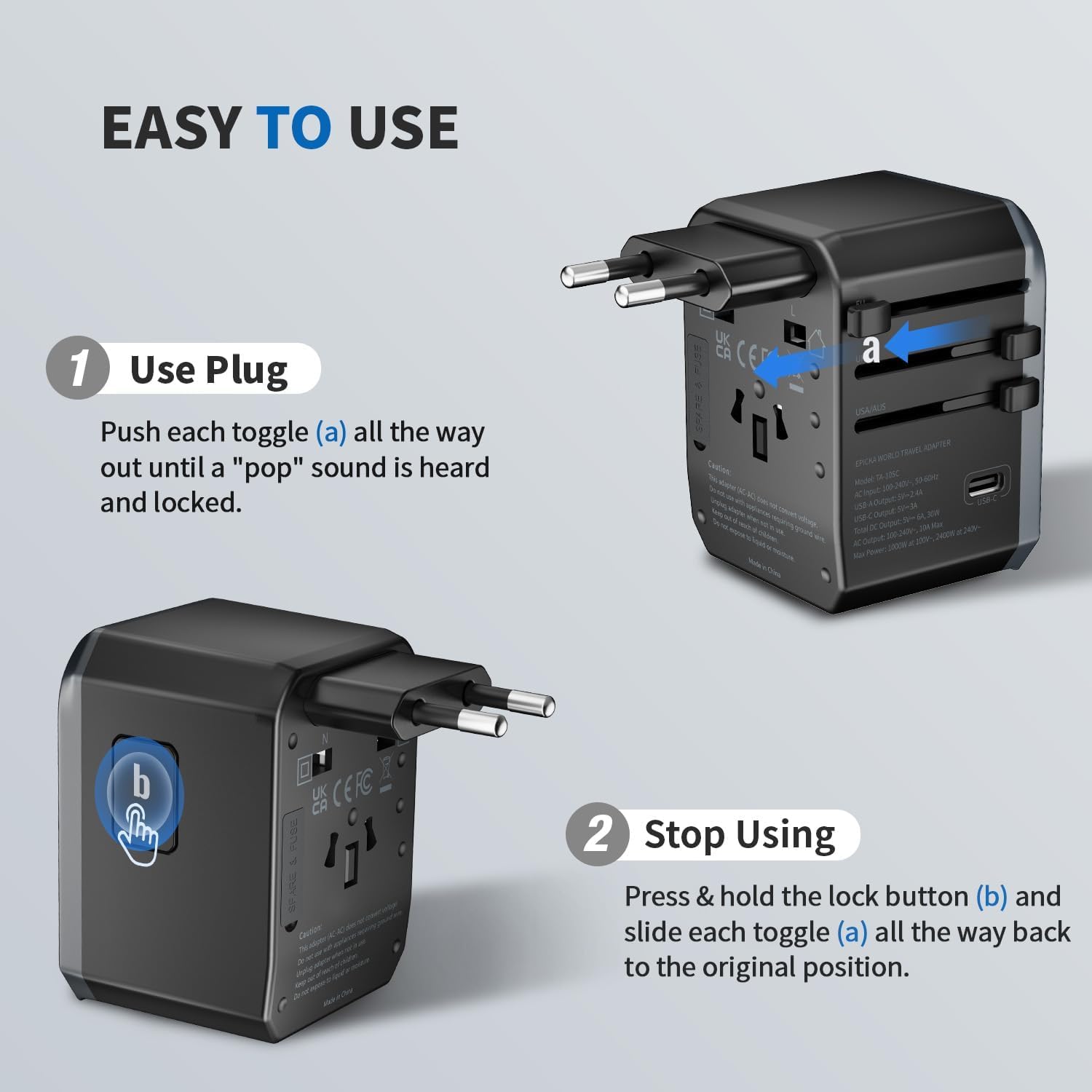 EPICKA Universal Travel Adapter – Worldwide Plug Adapter with 3 USB-C & 2 USB-A Ports (Black)
