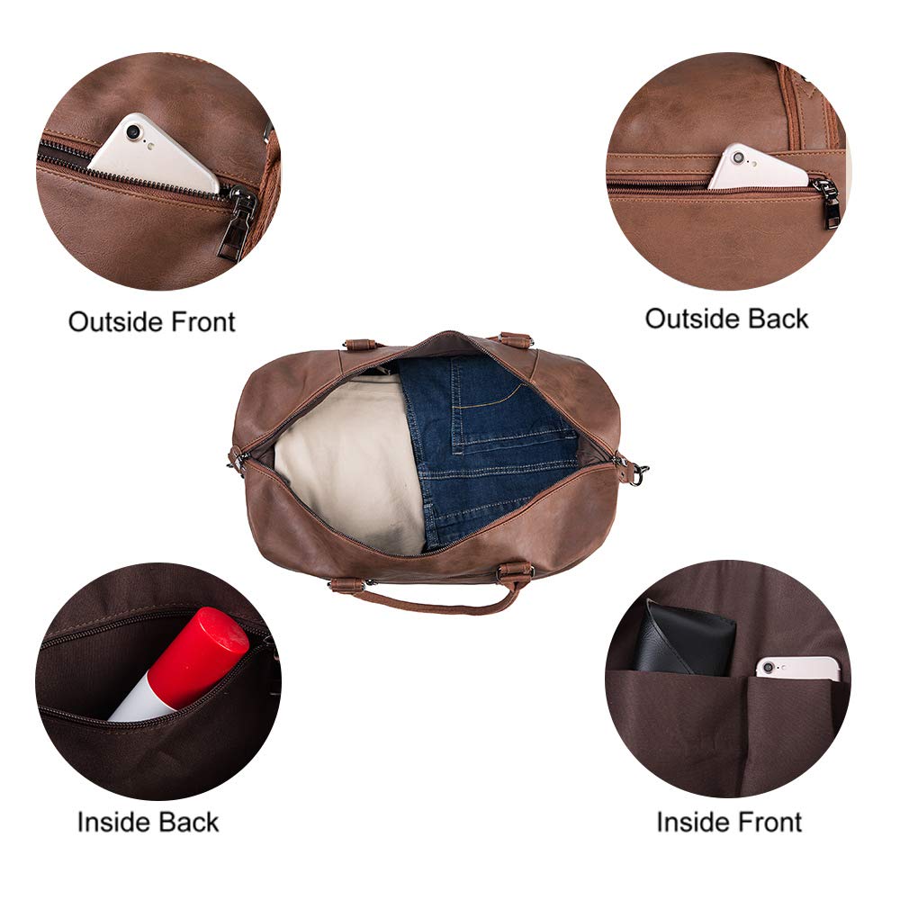 Leather Travel Duffel Bag with Shoe Compartment – Large Waterproof PU Weekender Carry-On Bag (Brown)
