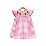 Baby Girl Valentine’s Day Dress – Pink Plaid Outfit with Heart Embroidery & Ruffle Sleeves