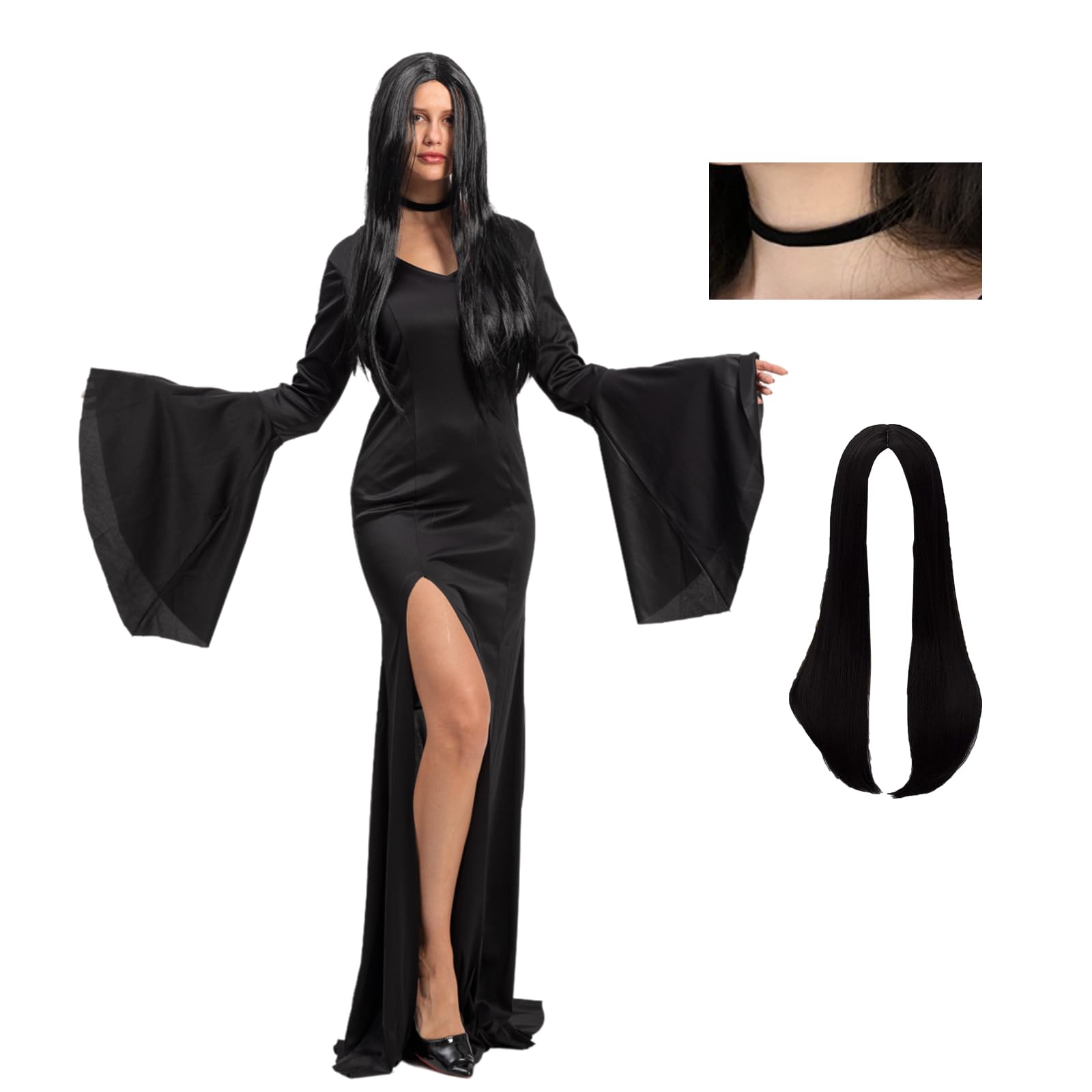 Morticia Addams Costume for Women – Long Black Gothic Dress with Wig & Choker (X-Large)