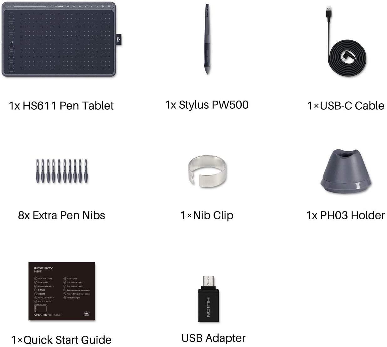 Huion HS611 Graphics Drawing Tablet with Multimedia Keys & Battery-Free Stylus (Space Grey)