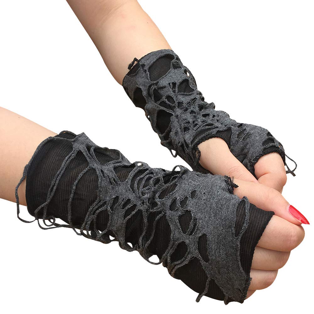 Black Short Fingerless Gothic Gloves – Ripped Punk Arm Warmers for Halloween & Streetwear Style 🖤