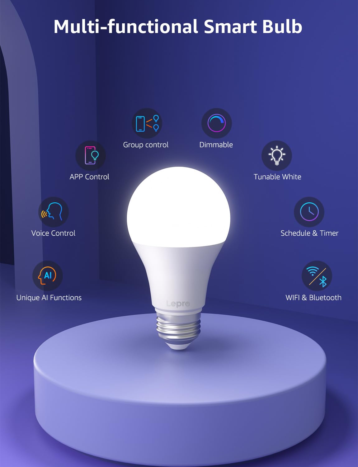 Lepro AI RGBWW Smart WiFi Light Bulb – 16M Colors, Tunable White 2700K–6500K with Alexa & LightGPM 4
