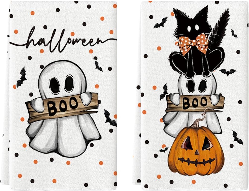 Halloween Dish Towels Set of 2 – Beige Kitchen Towels by Artoid Mode (18x26”)