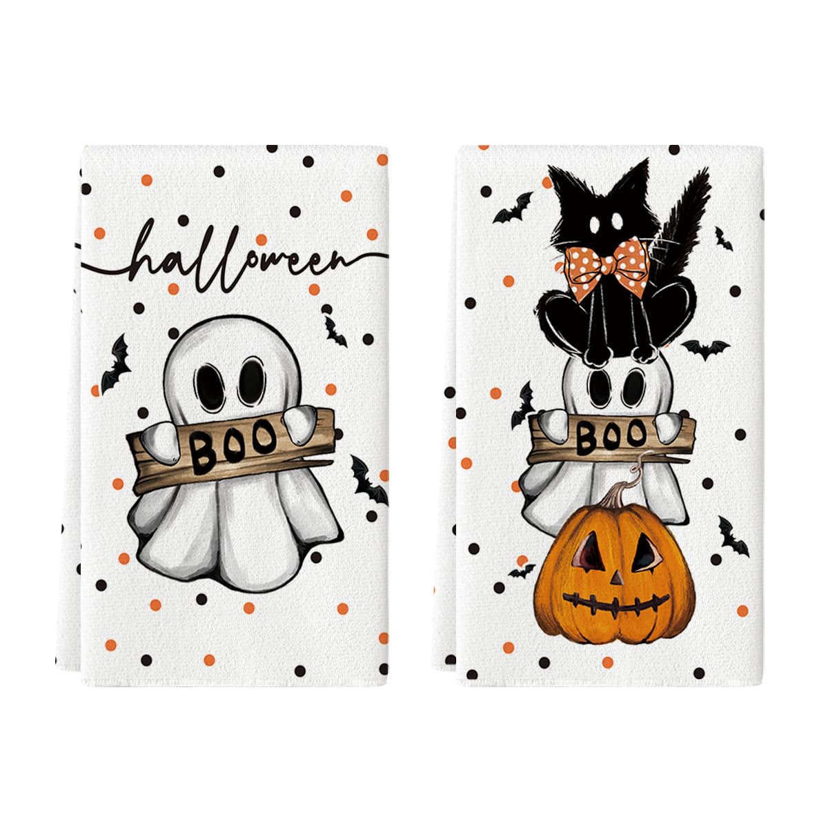 Halloween Dish Towels Set of 2 – Beige Kitchen Towels by Artoid Mode (18x26”)