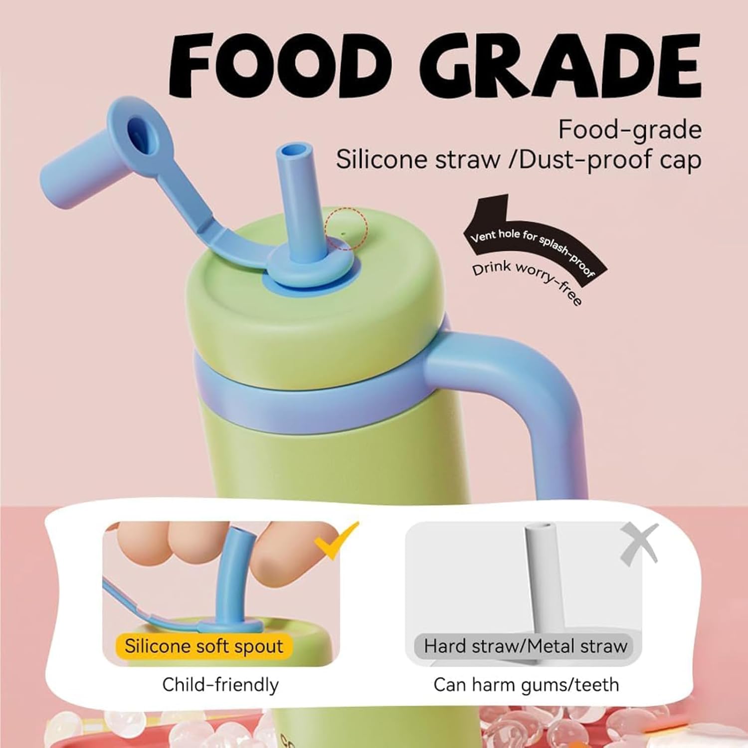 24 oz Insulated Whale Water Bottle with Two Soft Silicone Straws, Leakproof Lid and Handle