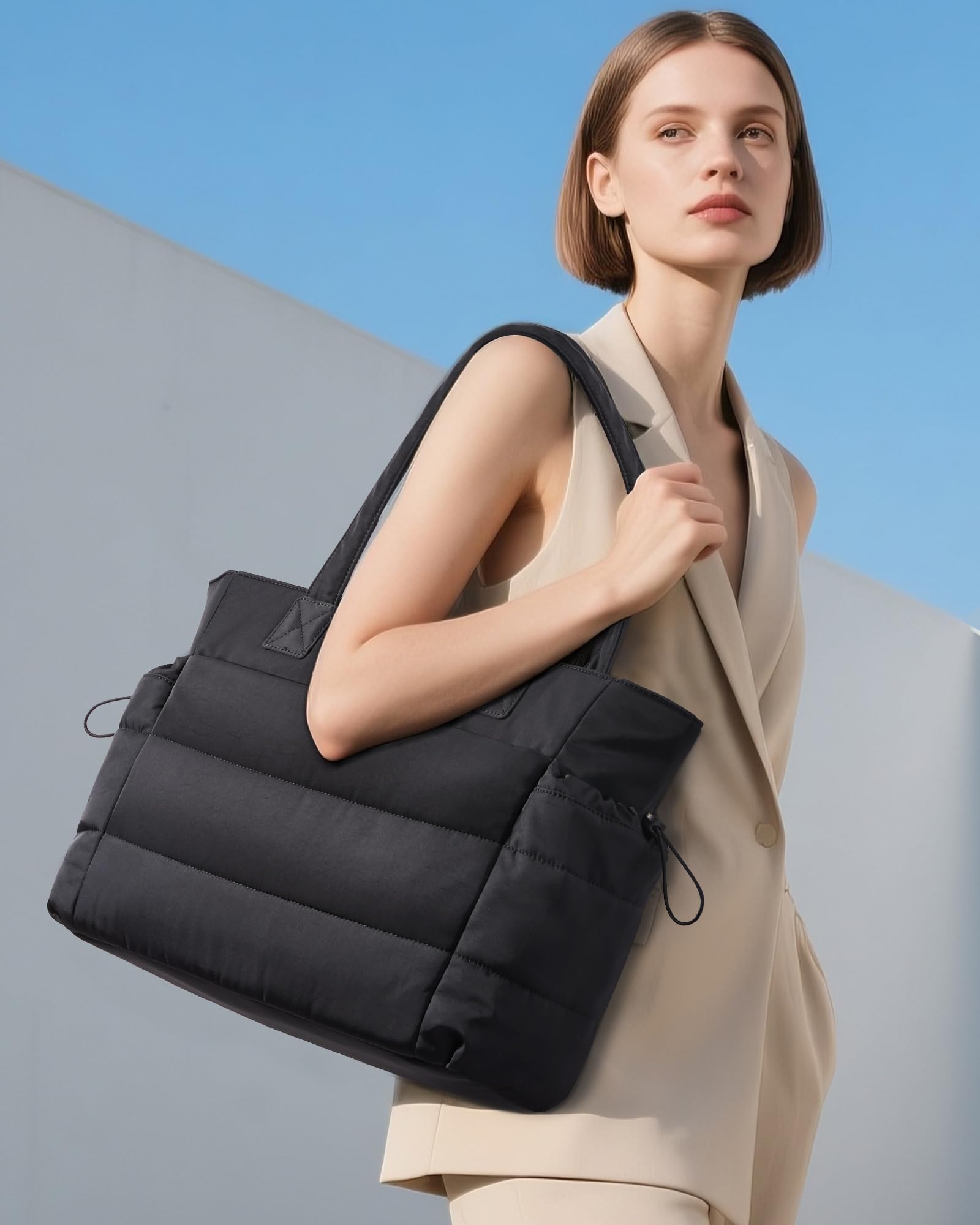LOVEVOOK Puffer Tote Bag for Women – Ultralight Quilted Work & Travel Tote with Giant Tumbler Holder, Zipper & Laptop Compartment (Black)
