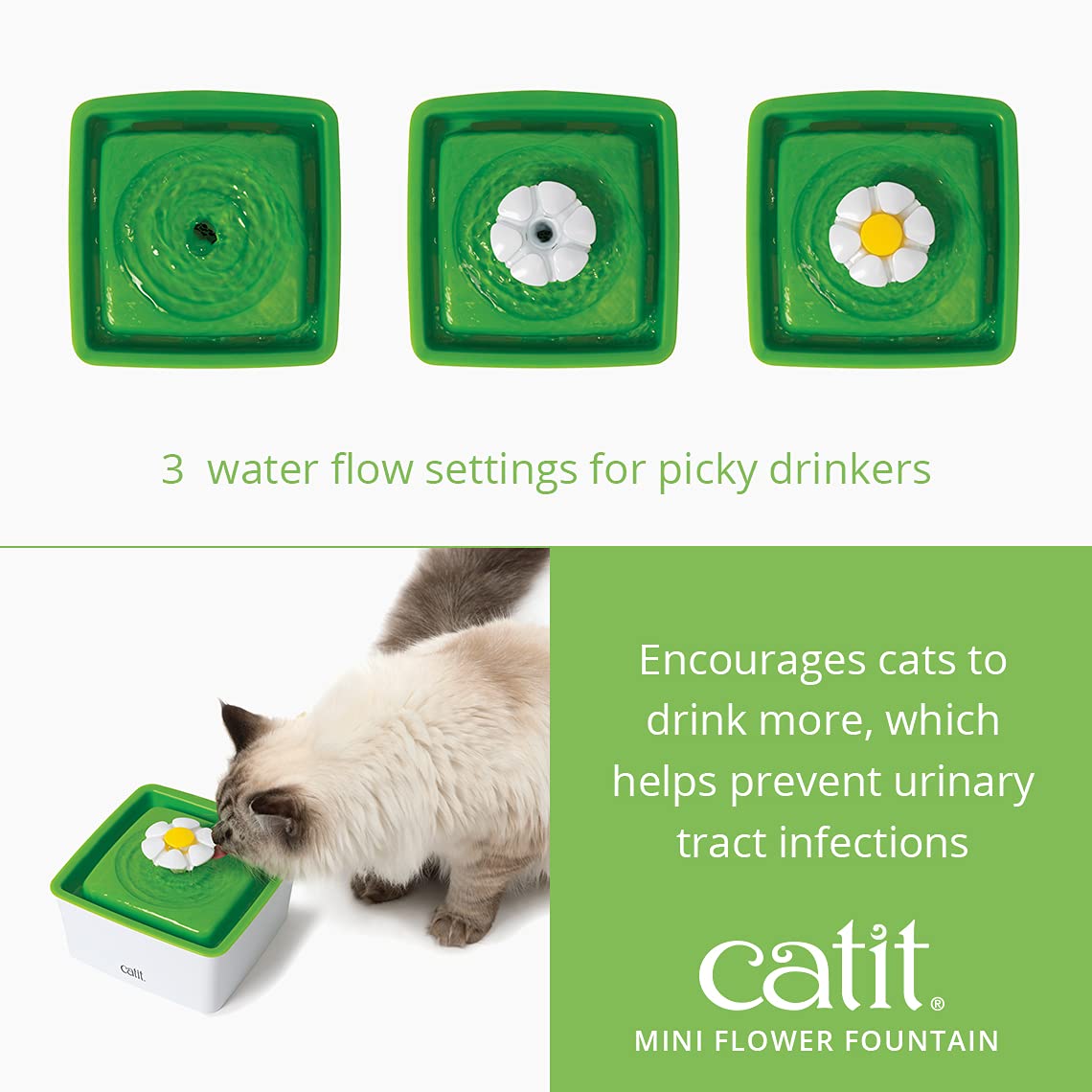 Catit Mini Flower Cat Water Fountain 1.5L with Triple Filtration, Ultra Quiet Pump & BPA-Free Compact Hydration System – Green