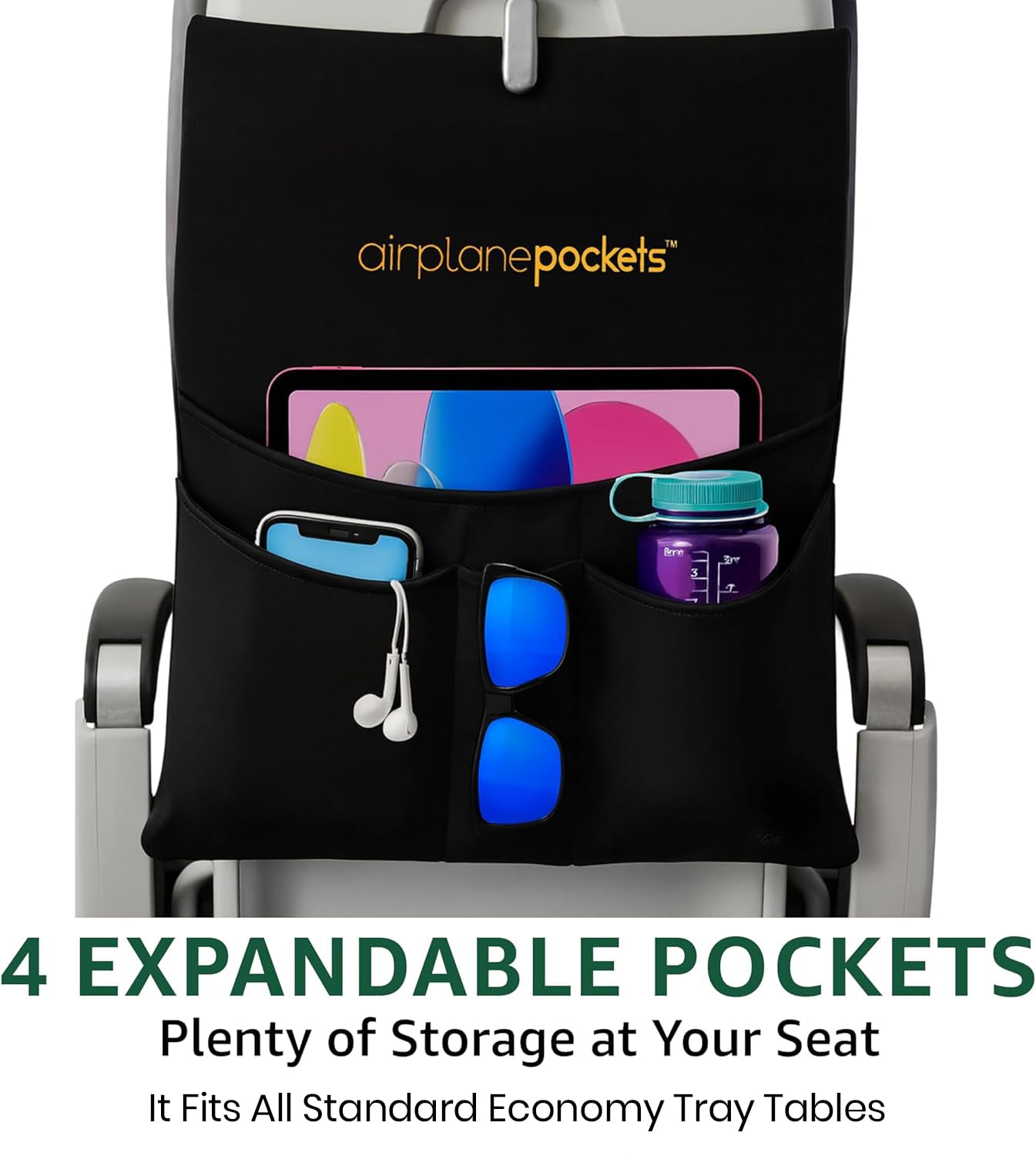 Airplane Tray Table Organizer Cover with 4 Expandable Pockets – Travel Seat Back Storage for Tablets, Books & Flight Essentials (Black)