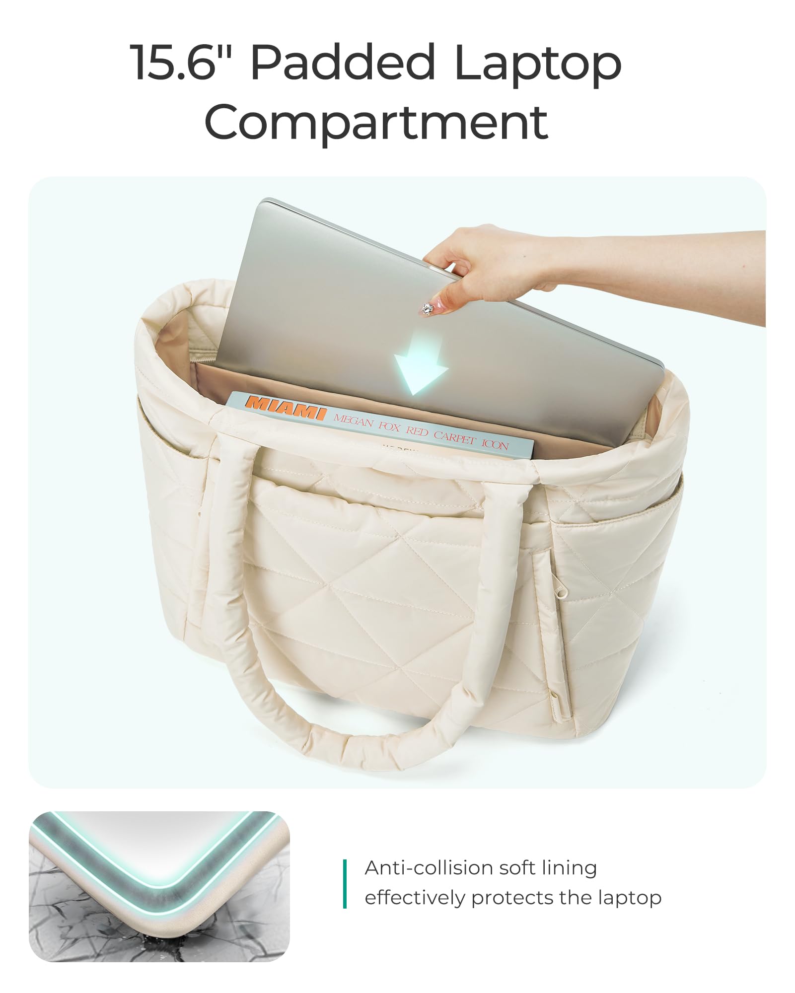 BAGSMART Puffy Tote Bag for Women – Lightweight Quilted Shoulder Tote with Zipper & Laptop Compartments (Beige)