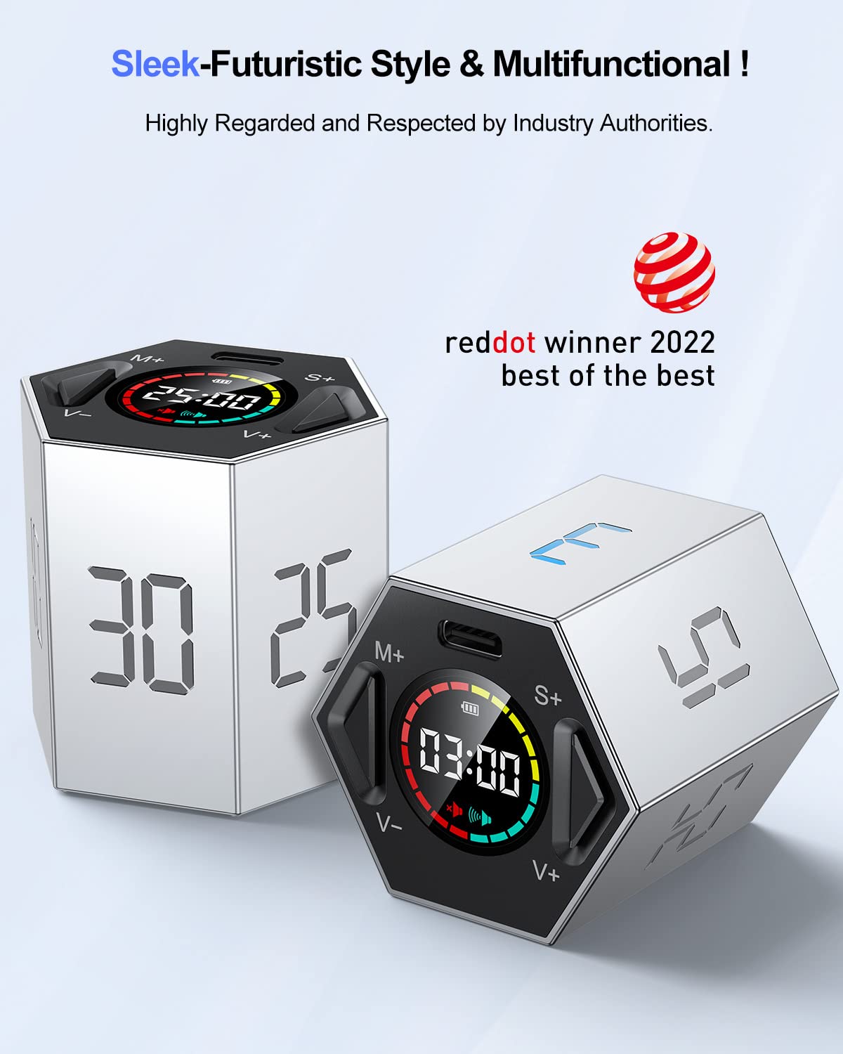 Ticktime Pomodoro Timer Cube with Flip Control, Custom Countdown & Stopwatch, Magnetic Rechargeable Focus Timer with Sound, Vibration & Silent Modes – Gray