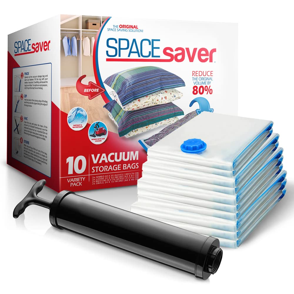 Vacuum Storage Bags Variety Pack – Space Saver Compression Bags for Clothes & Bedding (10-Pack with Hand Pump)