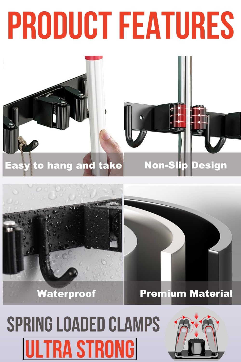 FODARSAI Wall-Mounted Mop & Broom Holder – Stainless Steel Organizer with 5 Grips and 4 Hooks for Home & Garage (Black)