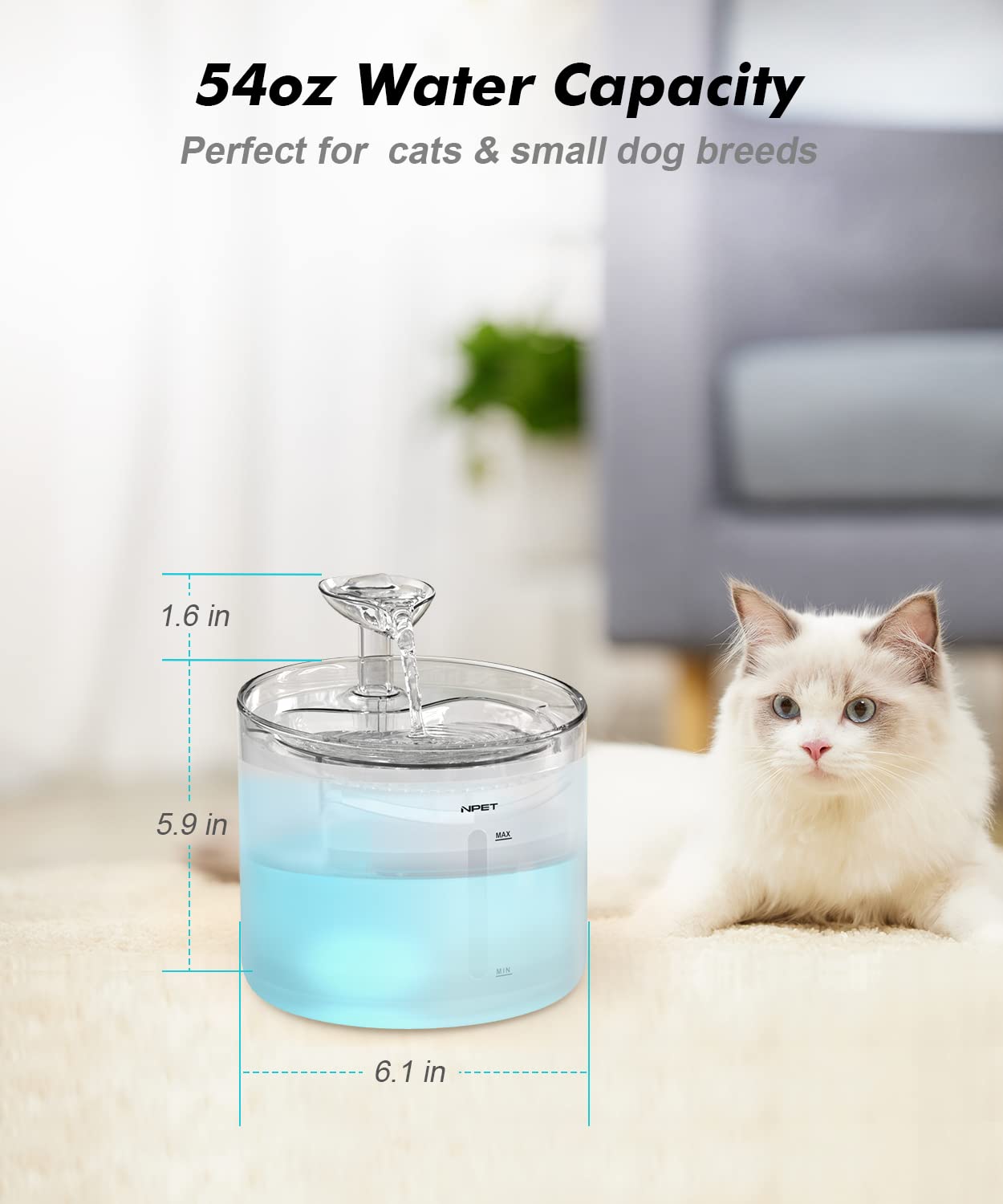 NPET 1.6L Cat Water Fountain with Leaf Spout – Triple Filtration & Ultra-Quiet Circulation (White)