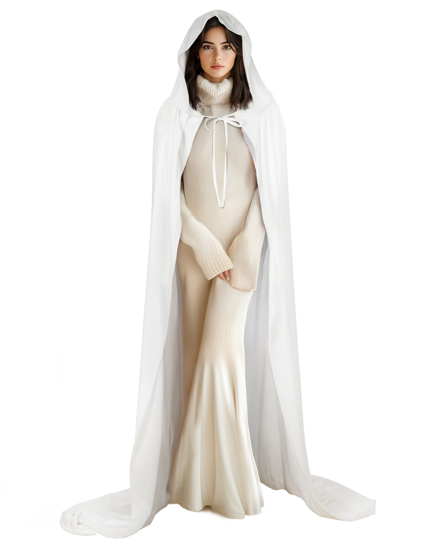 White Velvet Hooded Cloak – Full-Length Medieval Cape for Halloween, Cosplay & Renaissance Fairs ⚔️✨