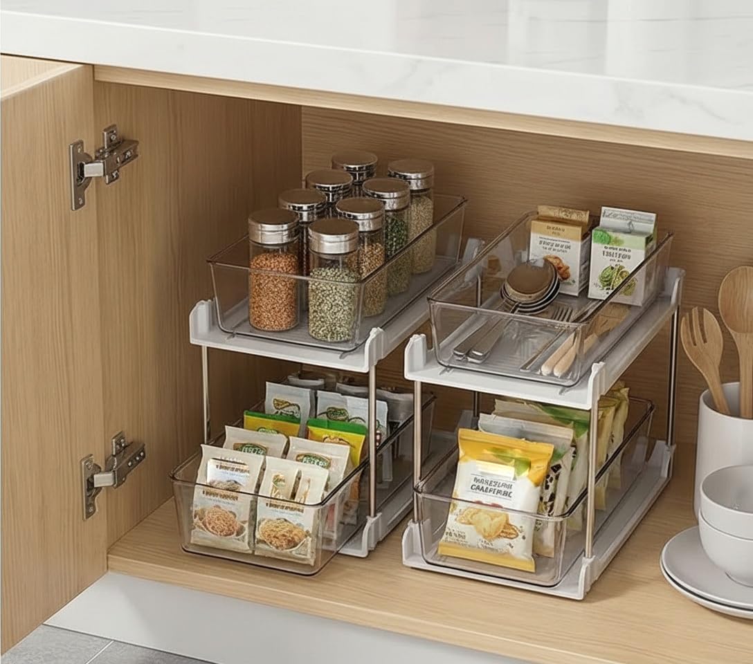 AIYULONG White 2-Tier Pull-Out Bathroom Organizer Set – Slide-Out Drawers with Anti-Sway Tracks for Under Sink & Countertop (2 Pack)