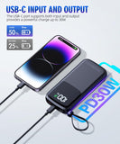 15000mAh Portable Power Bank with Built-in Cables & Wall Plug – 30W Fast Charging Travel Battery Pack for iPhone, Samsung & USB-C Devices (Black)