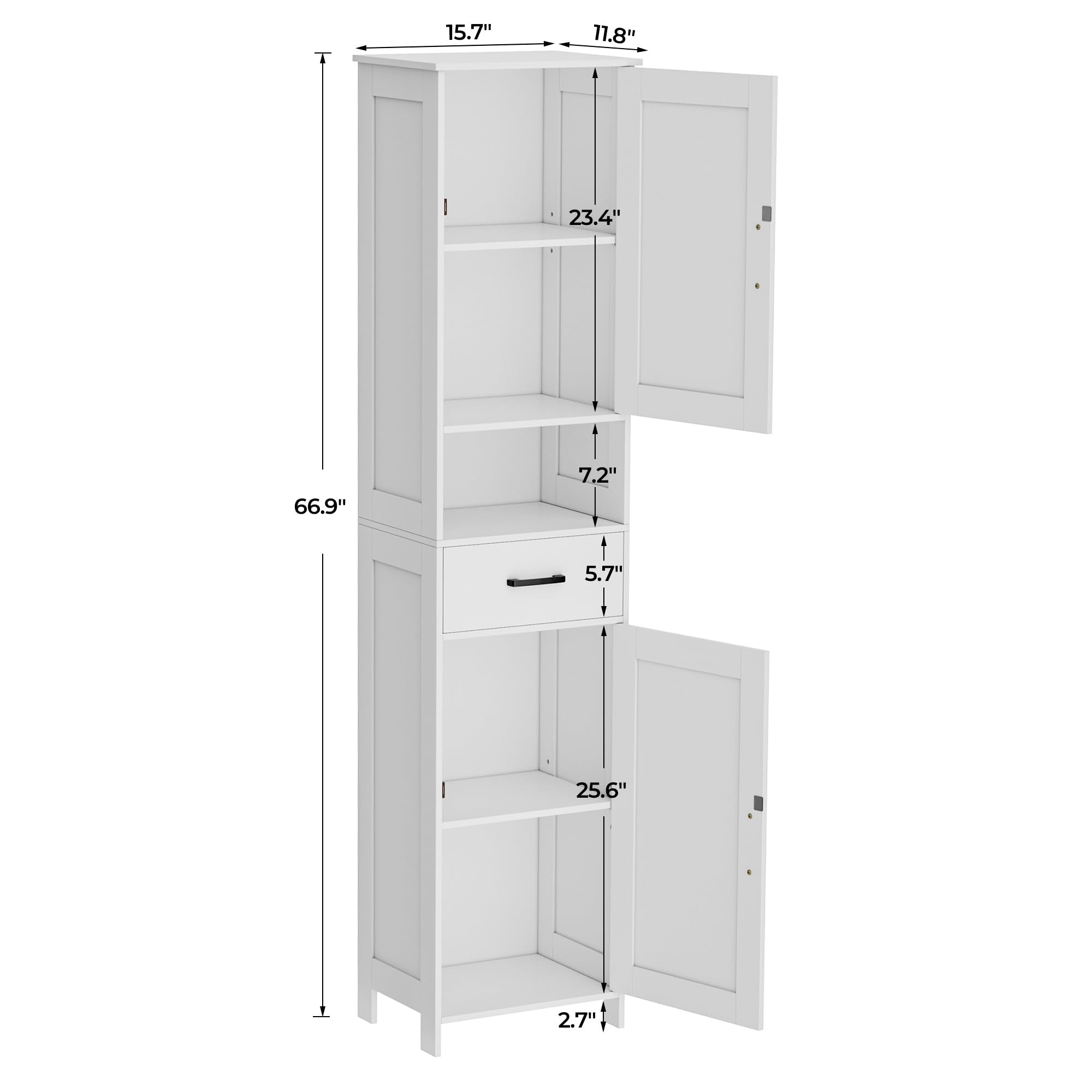 HOMHEDY 67" Tall Bathroom Storage Cabinet – Slim Floor Cabinet with Barn Doors, Drawer & Adjustable Shelves (White)