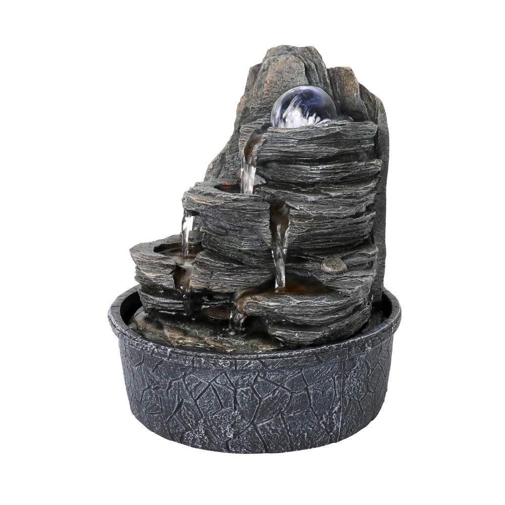 LED Rock Waterfall Table Fountain with Crystal Orb, 4-Tier Indoor Zen Water Feature & Ultra Quiet Pump – 9.8" Decorative Desktop Fountain