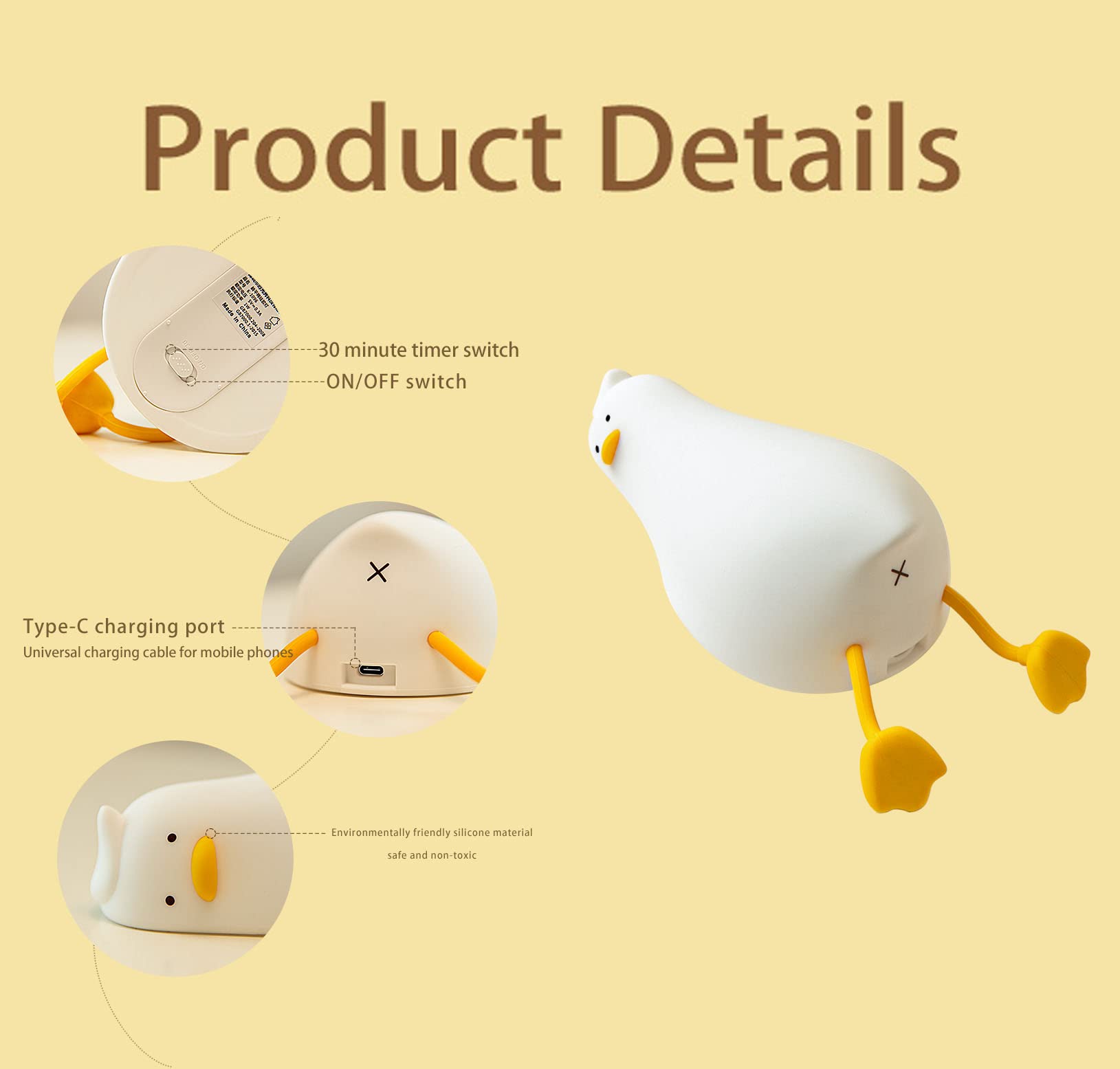 Cute Silicone Duck Night Light Rechargeable LED Dimmable Nursery Bedside Lamp for Kids & Baby Room