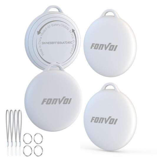 FONVOi Bluetooth Tracker Tag 4 Pack, Apple Find My Compatible Smart Item Locator with Loud Alarm and Replaceable Battery
