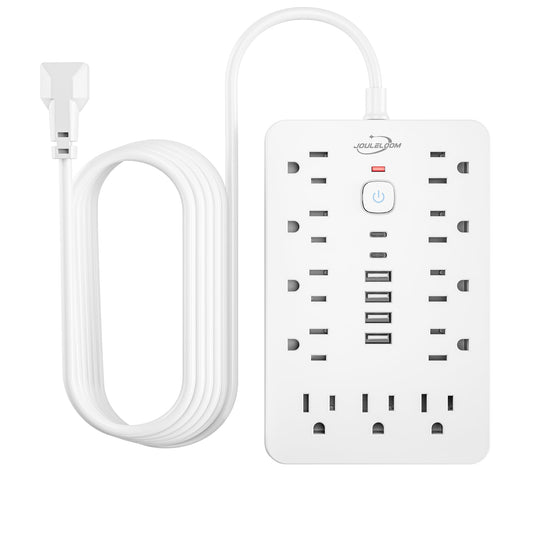 JouleLoom 17-in-1 Surge Protector Power Strip with 11 AC Outlets & USB-C Ports – Compact Flat Plug Extension Cord White