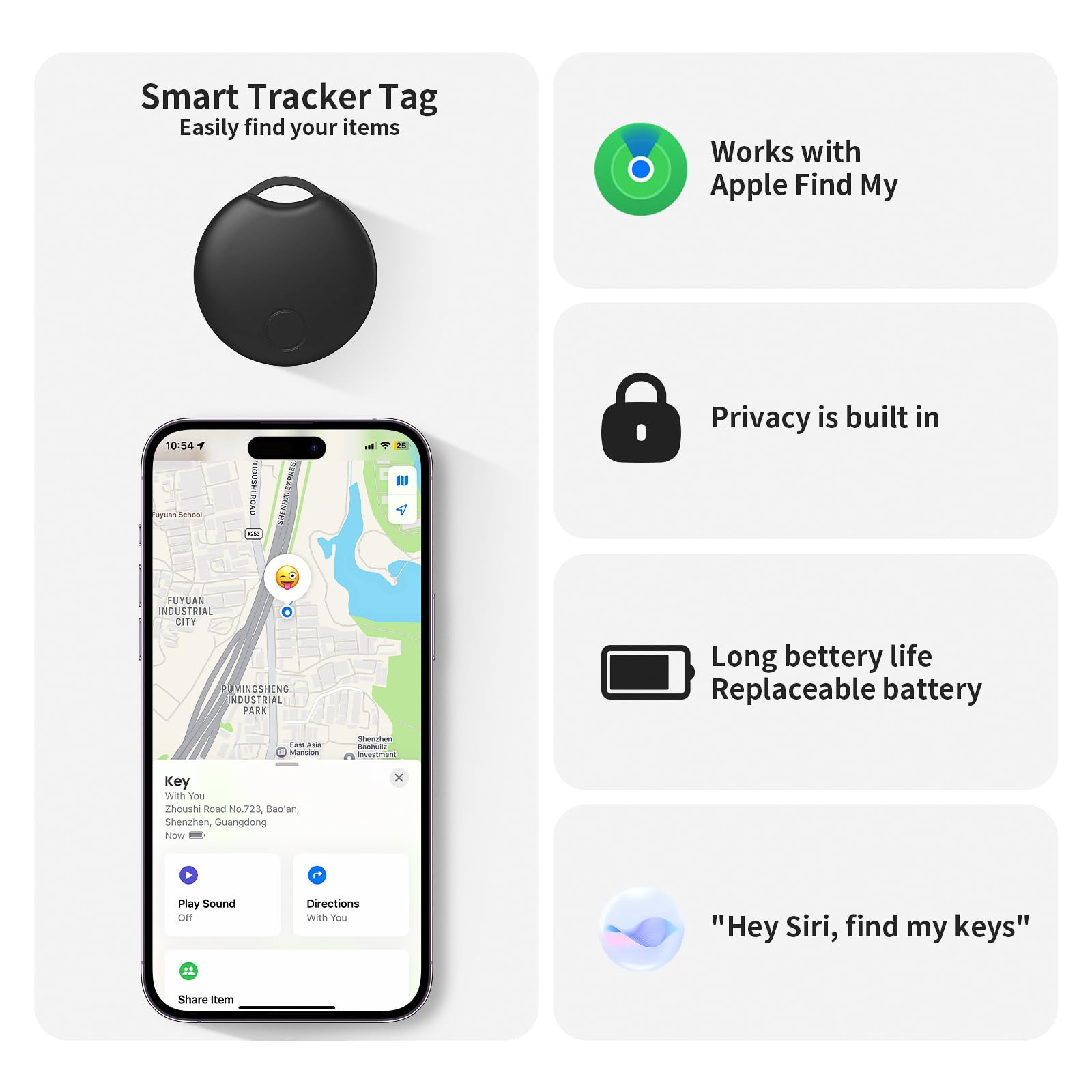 RSH Apple Find My Compatible Bluetooth Tracker Tags 4 Pack, Smart Luggage & Key Locator with Sound Alert – New Model