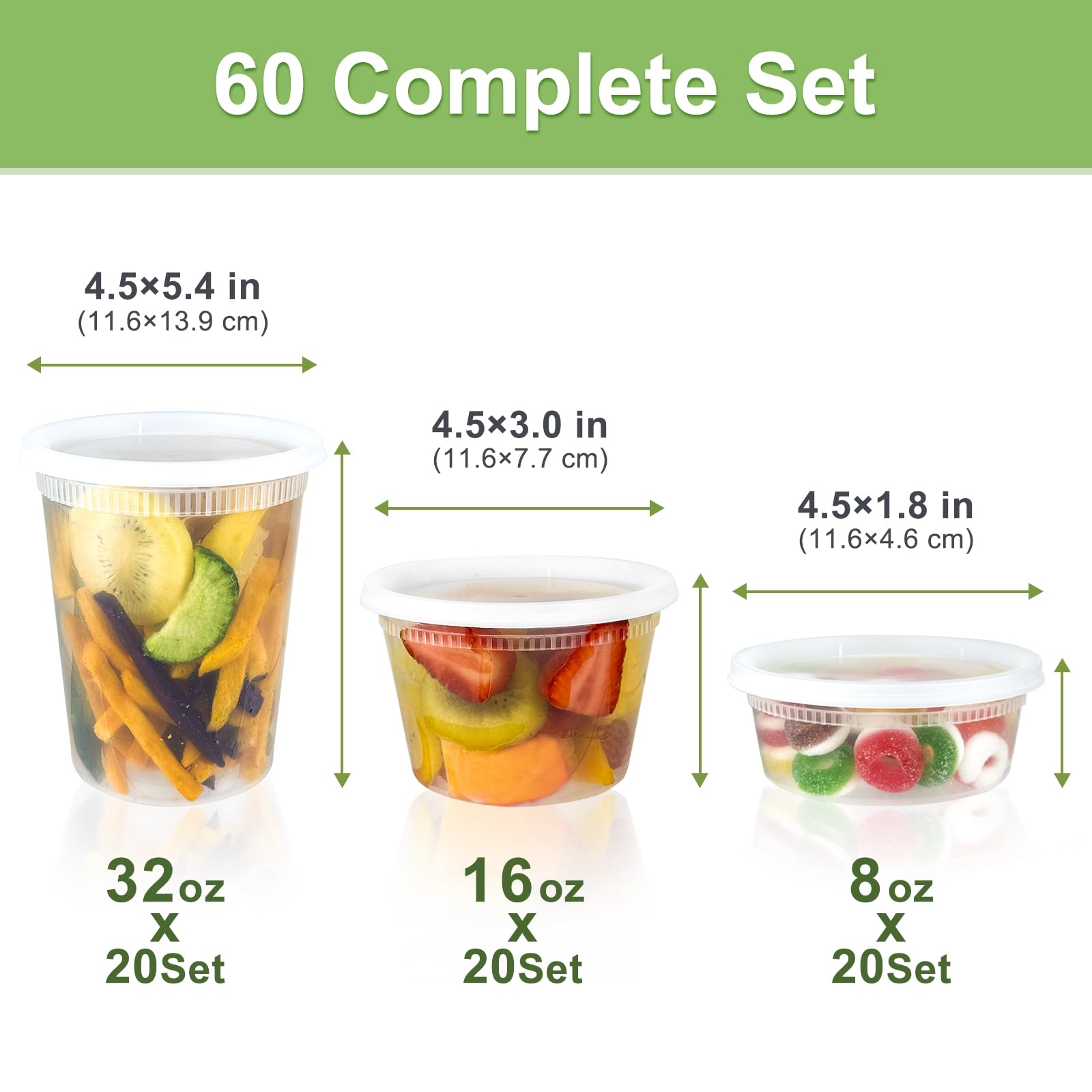 Deli Food Storage Containers with Lids – 60 Complete Sets (32oz / 16oz / 8oz), BPA-Free
