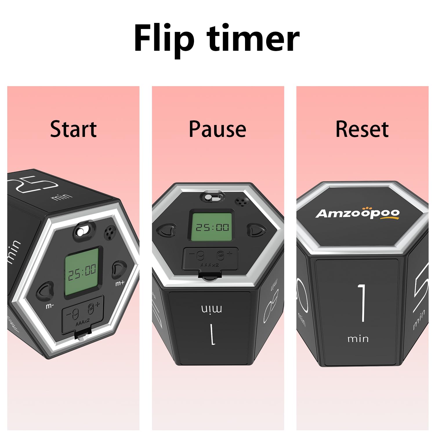 AMZOOPOO Magnetic Flip Cube Timer with Custom Countdown, Visual Display & Hands-Free Control – Black