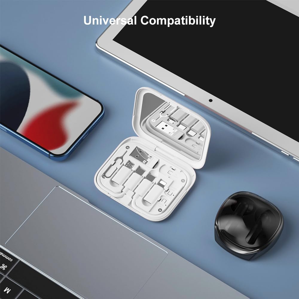 Portable USB-C Adapter Travel Kit with Mirror – Multi Cable Organizer with SIM Card Storage