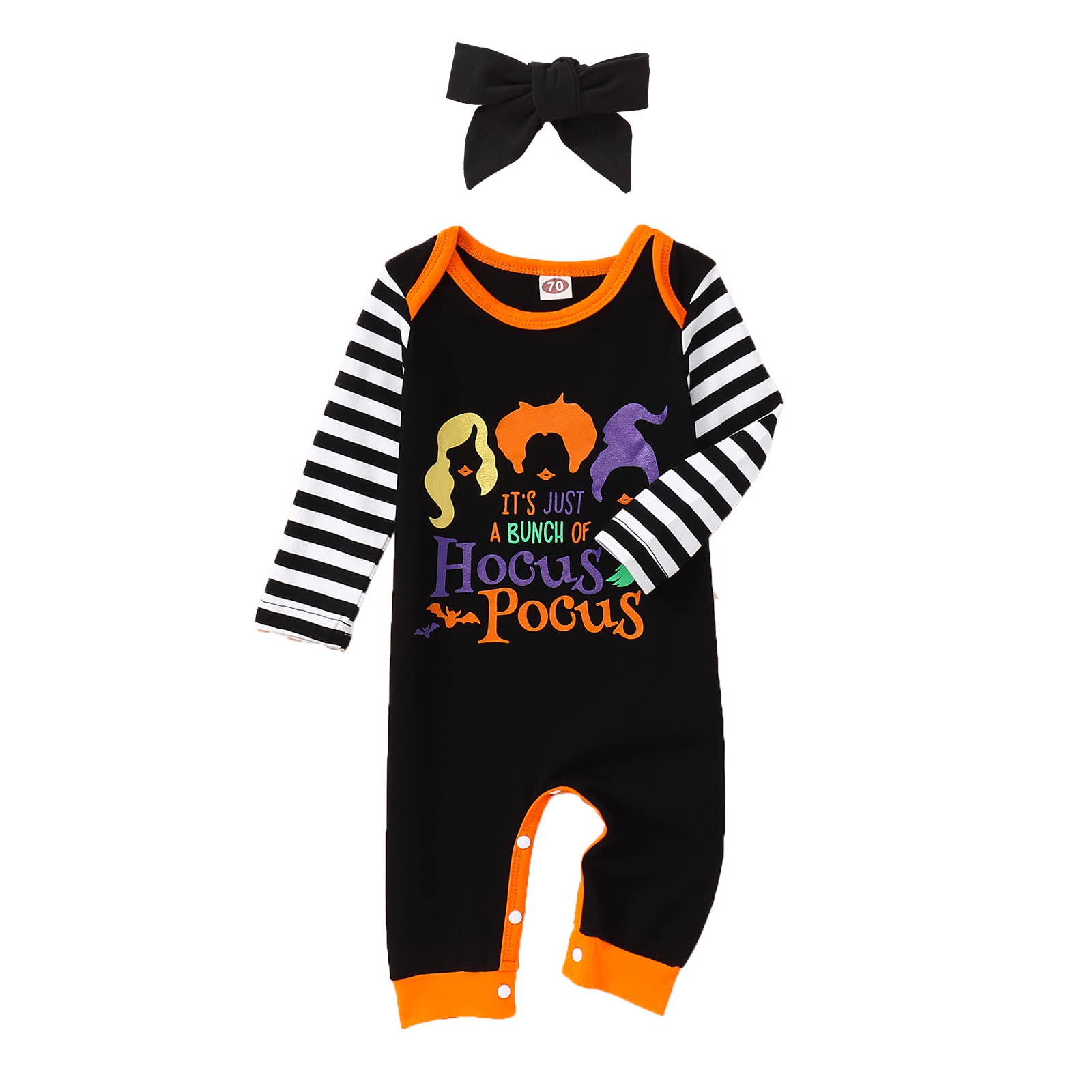 Baby Girl “Hocus Pocus” Halloween Outfit – Long Sleeve Romper & Headband Set (Cotton Blend)