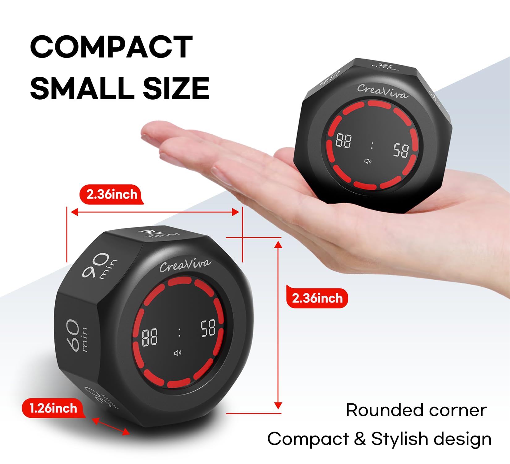 CREAVIVA Space Grey Flip Cube Pomodoro Timer with Visual Progress Bar, Silent Modes & USB-C Rechargeable Power