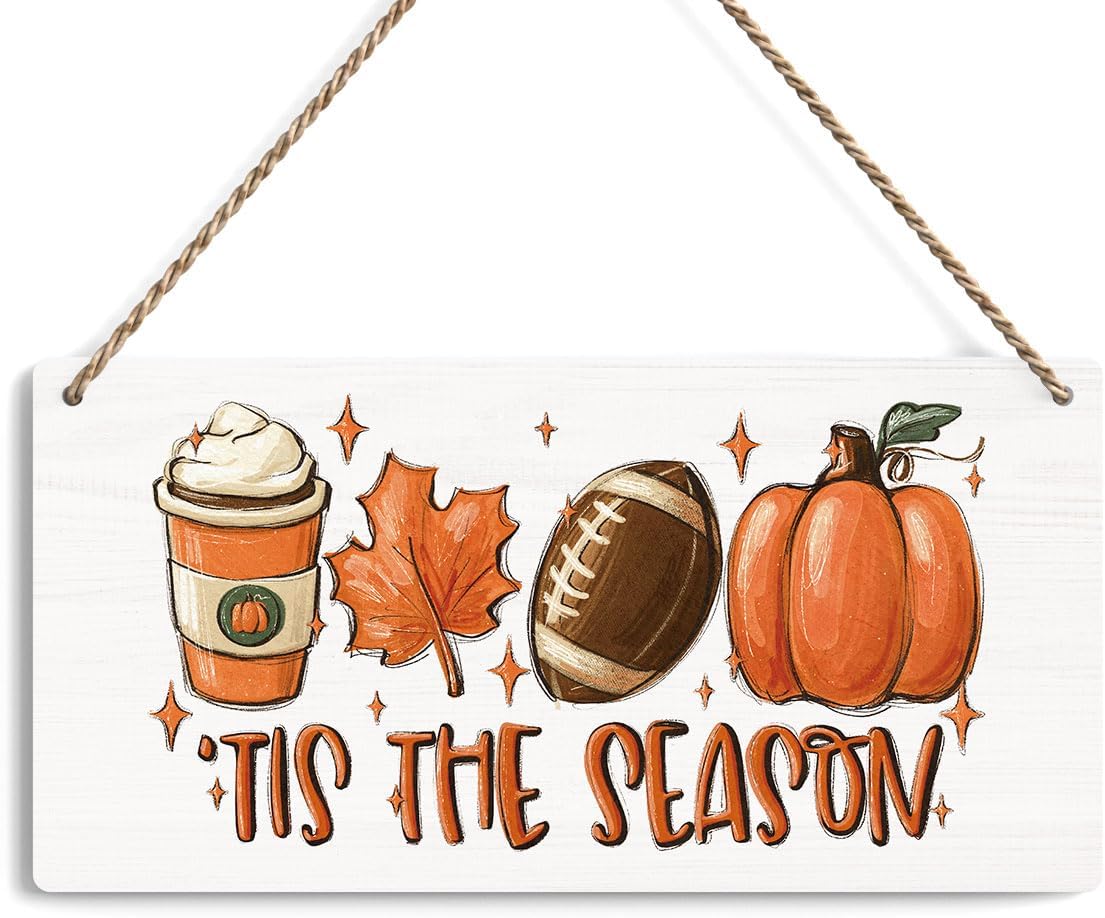 Fall Hanging Wooden Sign – Rustic Maple Leaf, Pumpkin & Football Wall Decor for Home & Porch