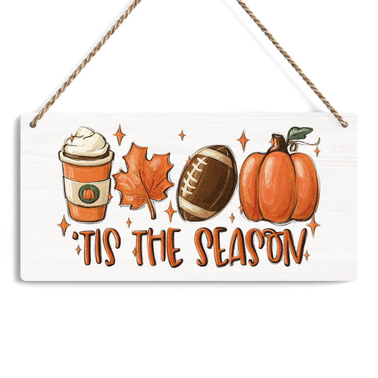 Fall Hanging Wooden Sign – Rustic Maple Leaf, Pumpkin & Football Wall Decor for Home & Porch